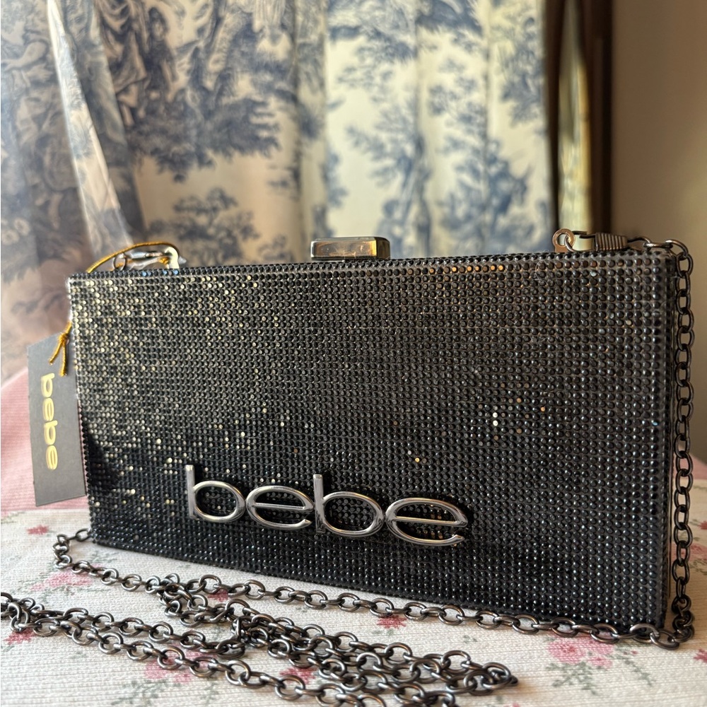 Bebe Sparkling Black Clutch with Chain